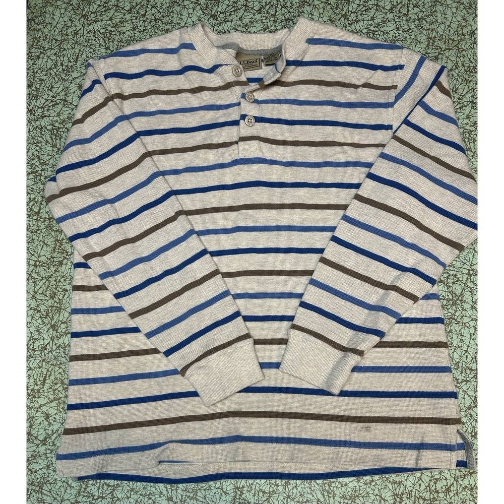 LL Bean Mens L Waffle Knit Henley Shirt Striped Cotton 285374 Tan Blue Preppy